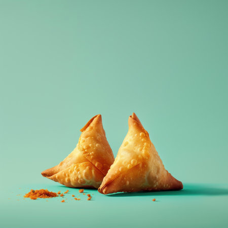 Crispy samosas with a sprinkle of sugar on a blue background.の素材