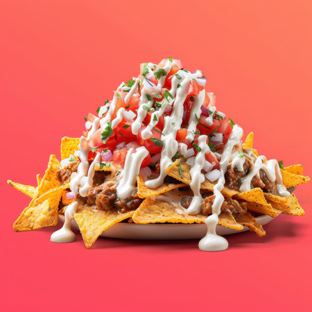 Close up of a large plate of nachos with pulled pork, sour cream, tomatoes, onions and cilantro. Mexican food, appetizers, snacks and finger food.の素材