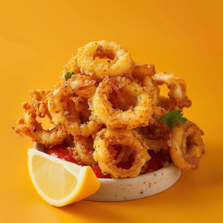 Crispy Fried Calamari Rings with Lemon Wedge and Spicy Marinara Sauceの素材