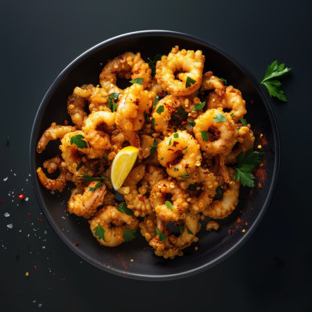 Spicy Fried Shrimp and Squid Rings with Lemon and Herbsの素材