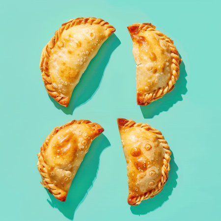 Four golden brown empanadas on a teal background. Flat lay food photography of delicious, savory pastries.の素材