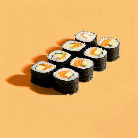 Sushi Rolls with Salmon, Avocado and Cream Cheese on Orange Backgroundの素材