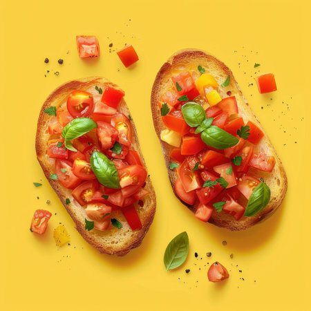 Two pieces of fresh Bruschetta with tomatoes, basil, and garlic on a yellow background.の素材