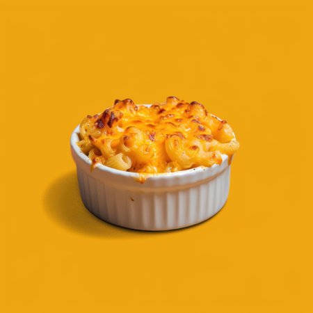 A bowl of creamy mac and cheese isolated on a yellow backgroundの素材