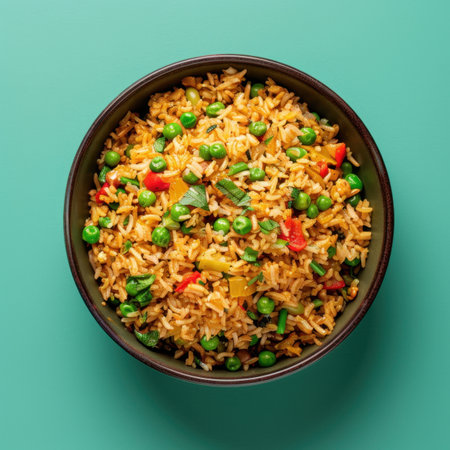 A bowl of vegetable fried rice with peas, carrots, and bell peppersの素材