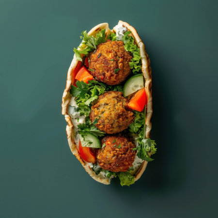 A falafel sandwich with fresh vegetables and tahini sauce.の素材