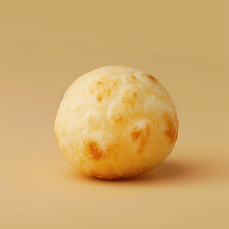 A delicious-looking Brazilian cheese bread ball on a light brown background.の素材