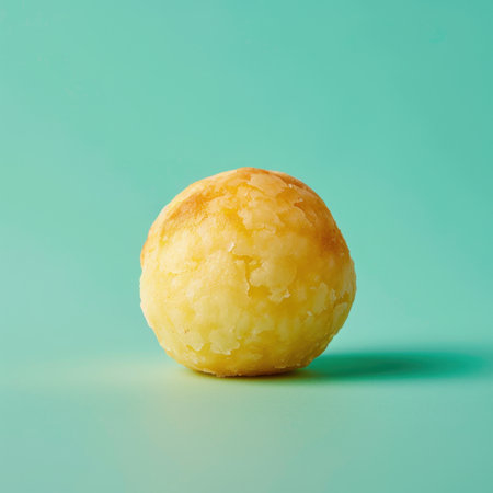A golden brown potato ball on a mint green backgroundの素材