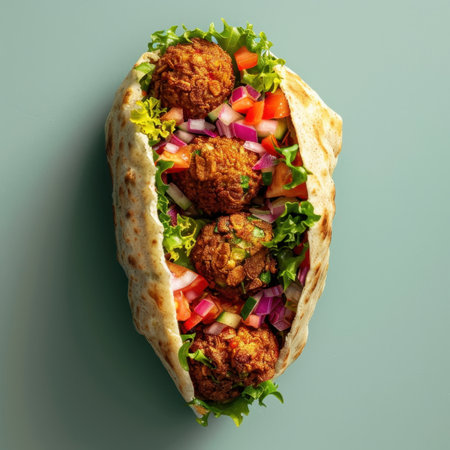 A delectable falafel sandwich with fresh vegetables in a pita pocket.の素材
