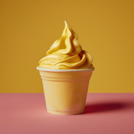 A close-up image of a vanilla soft-serve ice cream in a cup against a pink and yellow background.の素材