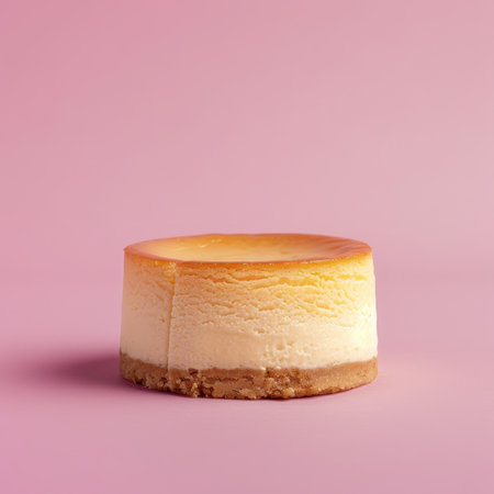 Close-up of a mini cheesecake with a graham cracker crust on a pink background.の素材