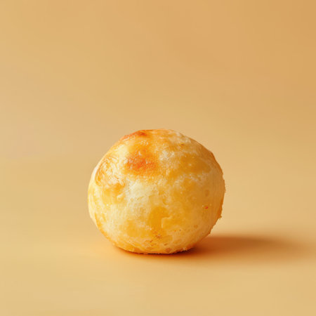 A golden brown cheese ball isolated on a beige background.の素材