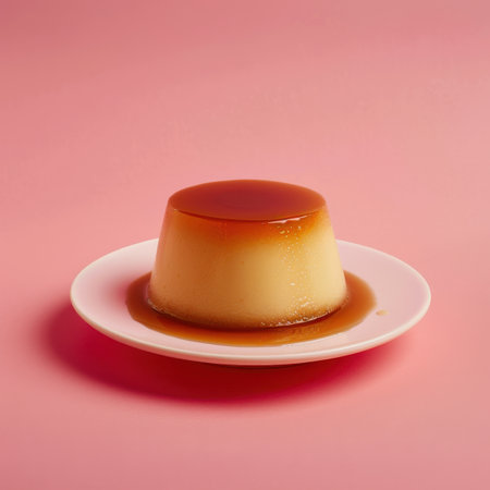 Close-up of a delicious custard dessert with caramel sauce on a pink plate and pink background.の素材