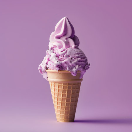 Close-up of a single purple ice cream cone with a creamy swirl on top against a purple backgroundの素材