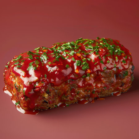 A delectable meatloaf topped with a glossy glaze and garnished with fresh herbs.の素材