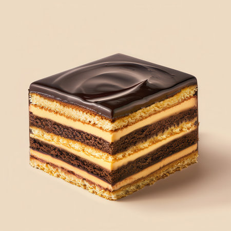 Close-up view of a multilayered chocolate cake with creamy filling and a glossy chocolate glaze on top.の素材