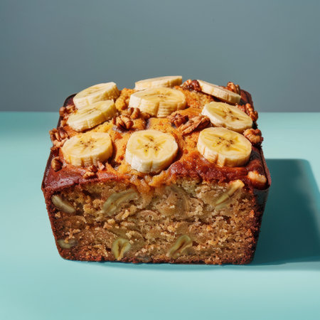 Scrumptious banana bread topped with banana slices and walnuts.の素材