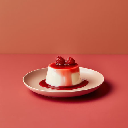 Panna cotta dessert with fresh raspberries and red sauce on pink backgroundの素材