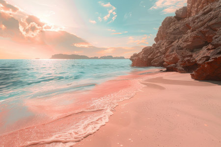 A picturesque rocky beach with pink sand and turquoise sea at sunset.の素材