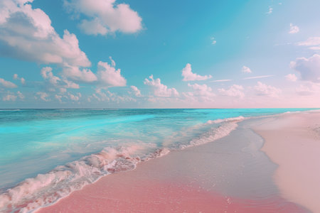 A beautiful beach with pink sand, gentle waves, and a blue sky.の素材