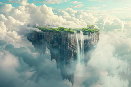 A floating island paradise with waterfalls and lush greenery.の素材