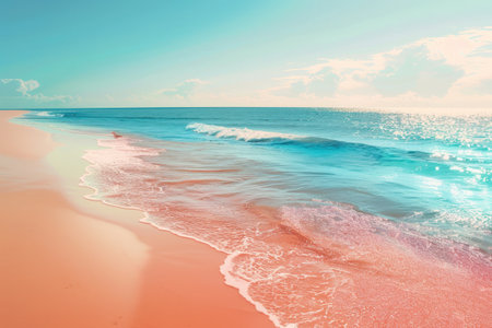 Pink sand beach with gentle waves under a bright skyの素材