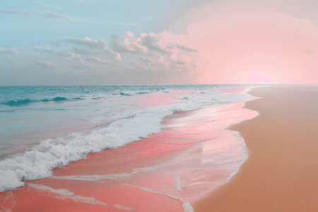 A beautiful sunset over a calm sea with a pink-hued sandy beach.の素材