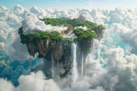A verdant paradise floats amidst a celestial embrace of billowing clouds, waterfalls cascading down its rocky edges.の素材