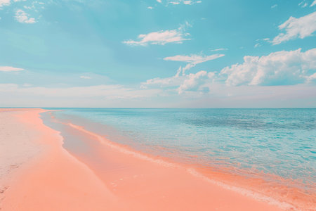 Pink sand beach with gentle ocean waves under a blue skyの素材