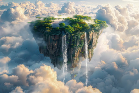 A floating island with waterfalls and lush greenery in a cloudy sky.の素材