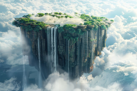 A floating island paradise with waterfalls and lush greenery.の素材