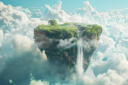 A floating island paradise with waterfalls and lush greenery in the sky.の素材