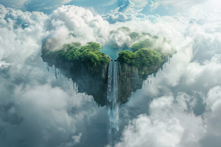 A floating island paradise with waterfalls and lush greenery in the sky.の素材