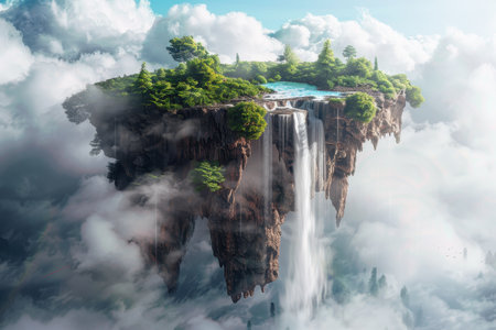 A floating island paradise with a cascading waterfall and lush greenery.の素材