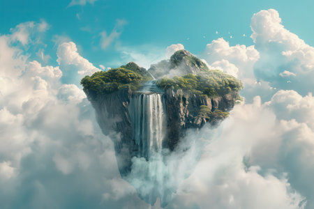 A floating island paradise with waterfalls and lush greenery in the sky.の素材