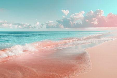 Pink-hued sky over the ocean with gentle waves lapping at the shore.の素材