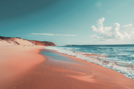 A serene beach landscape with soft pink sand, gentle waves, and a peaceful blue sky.の素材