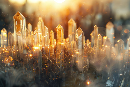 Glowing golden crystal structures form a magical city under warm sunlight.の素材