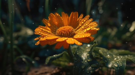 A close-up photograph of an orange flower with raindrops on its petals and leaves.の素材