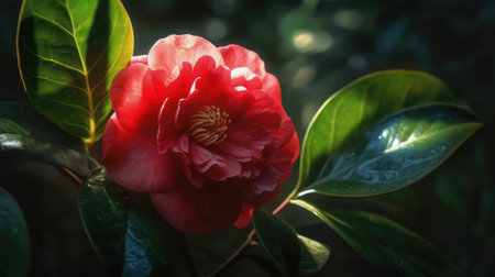A beautiful red camellia flower in full bloom with green leaves and sunlight.の素材