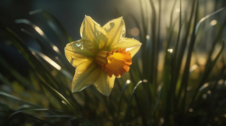 A close-up of a wet daffodil flower in full bloom with a blurred backgroundの素材