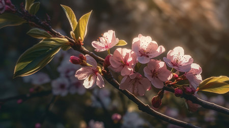 A captivating close-up of delicate cherry blossoms in full bloom against a blurred background, symbolizing the arrival of spring.の素材