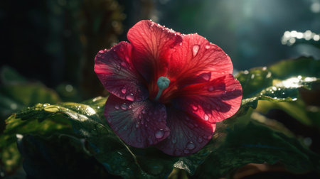 A close-up photograph of a red hibiscus flower with raindrops on its petals.の素材