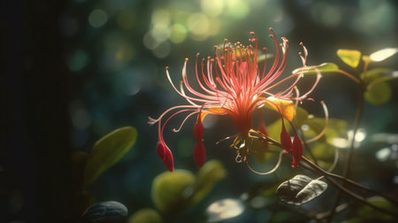 A close-up photograph of a red flower in bloom with long red stamen and yellow pistil surrounded by green leaves against a soft blurred background.の素材