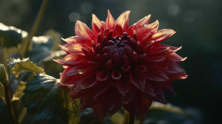 A stunning close-up photograph of a vibrant red dahlia flower in full bloom with petals glistening with morning dew.の素材