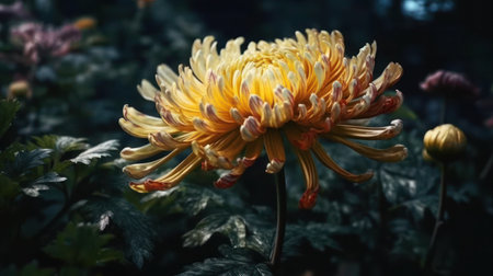 Yellow spider mum flower in full bloom with dark backgroundの素材