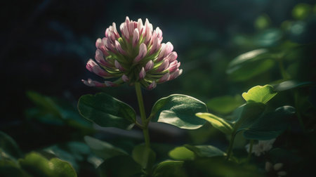 A close-up photograph of a clover flower in full bloom with green leaves.の素材