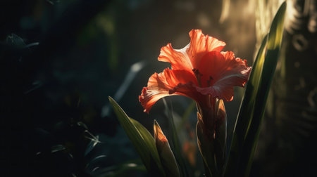 A detailed image of an orange gladiolus flower in full bloom against a blurred background.の素材