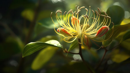 Close-up of a yellow flower with long red stamen in bloom with blurred green leaves in the backgroundの素材