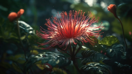 A close-up of a vibrant red flower with spiky petals and green leaves in a natural setting.の素材